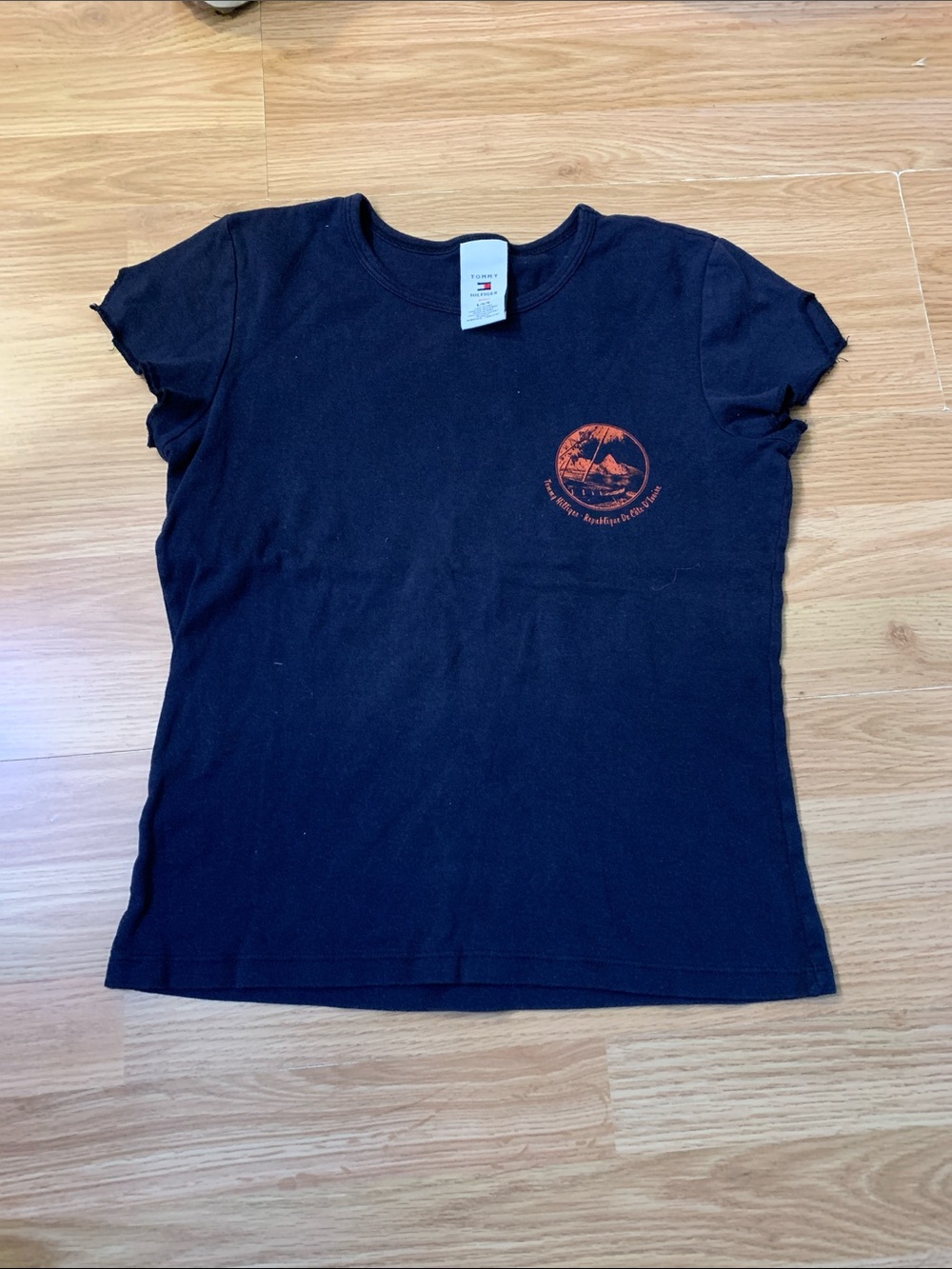 Dark blue Women's Crewneck Graphic Tee with Orange Logo slim fit